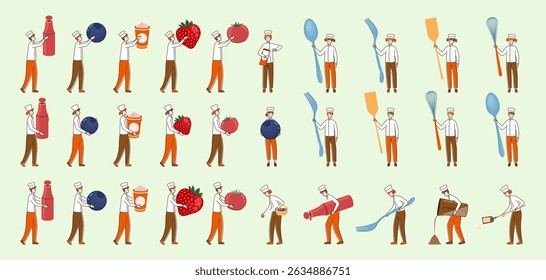 Cartoon Color Tiny Characters Holding Kitchen Appliances and Food Products Concept Front and Side View .Vector illustration