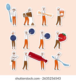 Cartoon Color Tiny Characters Holding Food Products Concept Stickers Set Flat Design Style. Vector illustration of Person and Ingredients