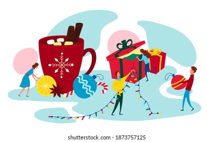 Cartoon Color Tiny Characters People and Merry Christmas Concept with Present Box Flat Design Style. Vector illustration
