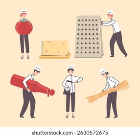 Cartoon Color Tiny Characters People Make Pasta Concept Flat Design Style. Vector illustration of Person and Spaghetti