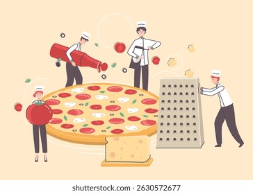 Caracteres minúsculos de cor de desenhos animados As pessoas cozinham o conceito de pizza estilo de design plano. Ilustração vetorial de Person e Pepperoni