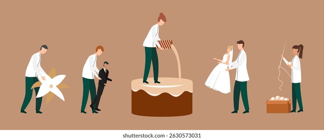 Cartoon Color Tiny Characters People Make Wedding Cake Concept Flat Design Style. Vector illustration of Decorating Dessert