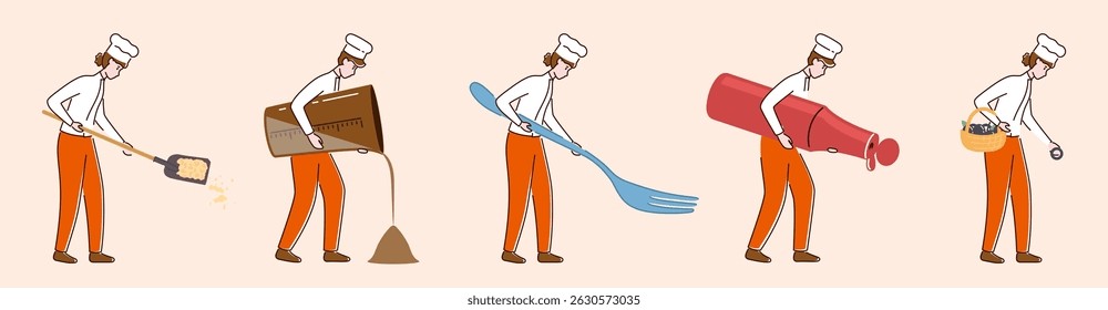 Cartoon Color Tiny Characters People Holding Kitchen Appliances Concept Flat Design Style. Vector illustration of Person and Fork, Sauce Bottle, Berry