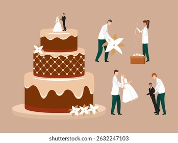 Cartoon Color Tiny Characters People with Decorative Elements for Wedding Cake Concept Flat Design Style. Vector illustration of Decorating Dessert