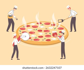 Cartoon Cor Minúsculos Personagens Pessoas e Pepperoni Pizza Conceito Estilo de Design Plano. Ilustração vetorial de Tasty Italian Fast Food
