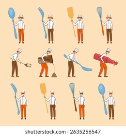 Cartoon Color Tiny Characters People Holding Kitchen Appliances Different Poses Concept Flat Design Style. Vector illustration of Person and Fork, Sauce Bottle