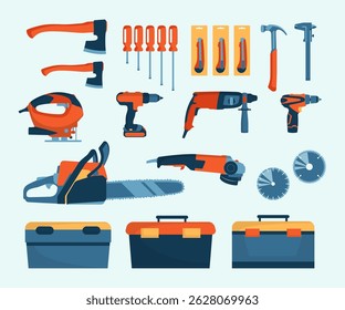 Cartoon Color Tool Store Element Set Concept Flat Design Style. Vector illustration of Power Tools