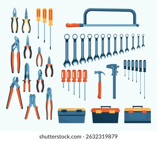 Cartoon Color Tool Store Elements Screwdrivers and Pliers Assortment Set Concept Flat Design Style. Vector illustration