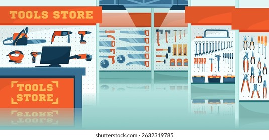 Cartoon Color Tools Store Interior Inside Concept Flat Design Style. Vector illustration of Showcases with Different Equipment for Repair