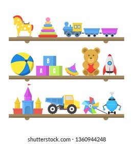 Cartoon Color Toys on Shelves Set Include of Ball, Car, Bear, Rocket, Pyramid and Train. Vector illustration