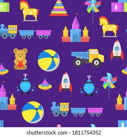 Cartoon Color Toys Seamless Pattern Background Include of Ball, Car, Bear, Rocket, Pyramid and Train. Vector illustration
