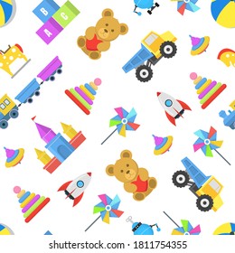 Cartoon Color Toys Seamless Pattern Background on a White Include of Ball, Car, Bear, Rocket, Pyramid and Train. Vector illustration