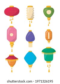 Cartoon Color Traditional Chineese Paper Lanterns Icons Set Celebration Oriental Festival Concept Flat Design Style. Vector illustration