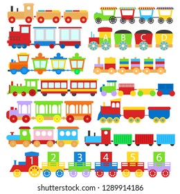 Cartoon Color Train Toy Children Signs Icon Set Different Types Isolated on a White Background. Vector illustration