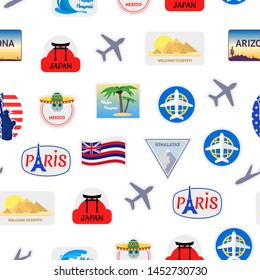 Cartoon Color Travel Stickers Suitcase Seamless Pattern Background on a White Include of Paris, Usa, Egypt and Mexico Flat Design Style. Vector illustration