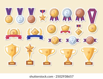 Cartoon Color Trophy or Awards for Winners Stickers Set Competition Concept Flat Design Style. Vector illustration of Medals with Ribbon and Cup