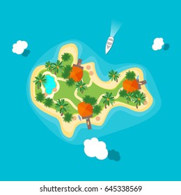 Cartoon Color Tropical Island in Ocean or Sea Top View Flat Style Design. Vector illustration