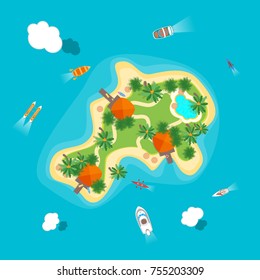 Cartoon Color Tropical Island in Ocean or Sea and Transport Top View Flat Style Design. Vector illustration