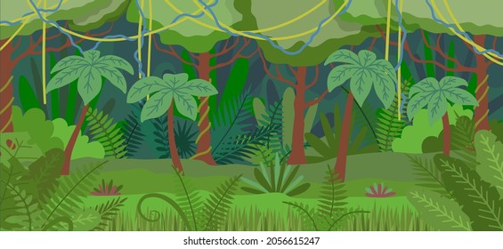 Color de dibujos animados Estilo de diseño plano Concepto de escenas de paisajes de selva tropical de selva. Ilustración vectorial de la escena tropical salvaje