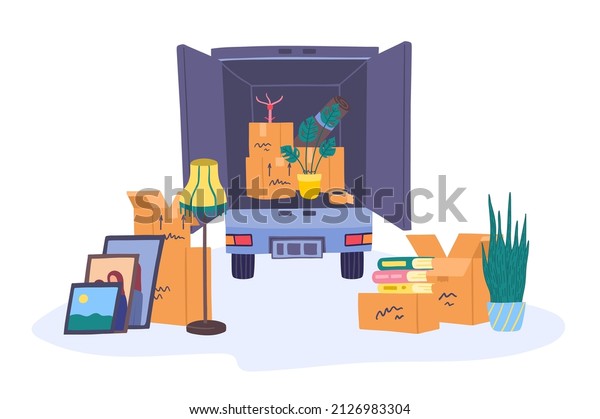 Cartoon\
Color Truck with Cardboard Boxes Moving House Concept Flat Design\
Style. Vector illustration of Delivery\
Service
