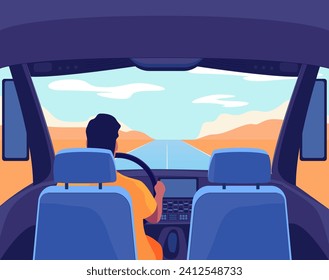 Cartoon Color Truck Driver Work Large Cabin Concept Flat Design Style. Vector illustration of Male Driver Character Holding Steering Wheel