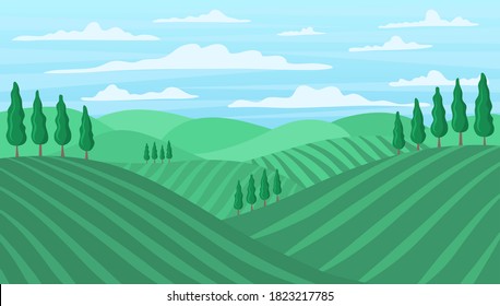Cartoon Color Tuscan Wine Field Landscape Scene Concept Travel and Tourism Concept Flat Design Style. Vector illustration