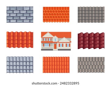 Cartoon Color Types of Roof Tiles Set for Attic of House Concept Flat Design Style. Vector illustration