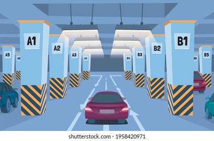Cartoon Color Underground Car Parking Inside with Automobile Concept Flat Design Style. Vector illustration of Space under Building Basement Garage