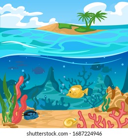 Cartoon Color Underwater World Scene Concept Flat Design Include of Fish, Coral and Seaweed. Vector illustration