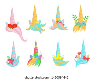 Cartoon Color Unicorn Tiaras Sign Icon Set with Flower, Bow, Crown, Star and Heart. Vector illustration of Icons