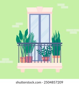 Cartoon Color Urban Architecture Balcony with Plant in Flowerpot. Vector illustration of House Exterior Decorated with Plants