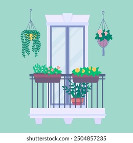 Color de dibujos animados de arquitectura Urbana Balcón con macetas colgantes de plantas con flores. Ilustración vectorial de Casa Exterior Decorada con Plantas