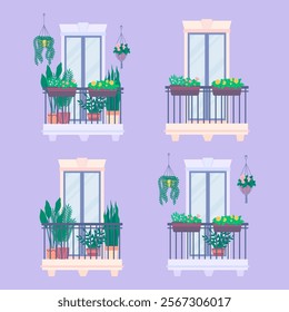 Cartoon Color Urban Architecture Balcony with Plant Set Concept Flat Design Style. Vector illustration of House Exterior Decorated with Plants