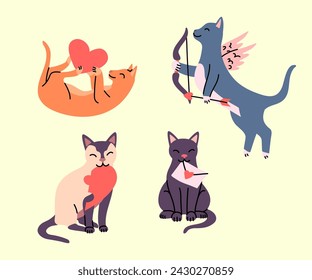 Cartoon Color Valentine Cats Set with Heart Symbols Romantic Holiday Concept Flat Design Style. Vector illustration