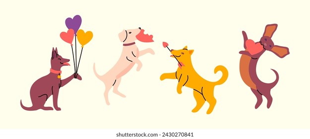 Cartoon Color Valentine Dogs Set with Heart Symbols Romantic Holiday Concept Flat Design Style. Vector illustration