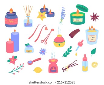 Cartoon Color Various Aromatherapy Elements Set Flat Design Style Include of Aromatic Oil and Candle. Vector illustration of Aroma Therapy Concept