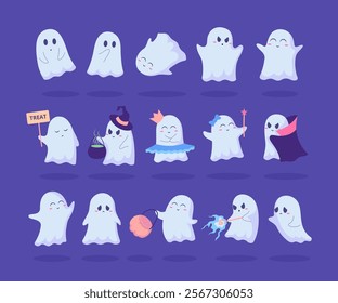 Cartoon Color Various Characters Ghosts Flying Phantoms Set Halloween Autumn Holiday Concept Flat Design Style. Vector illustration of Mascot