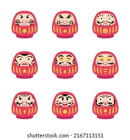 Color de caricatura Diversos Icono Daruma Fijaron Diseño Plano Estilo Doll Tradicional Japonés Bodhidharma Zen Concepto. Ilustración del vector