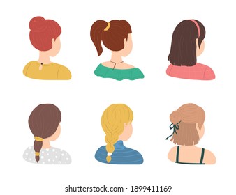 Cartoon Color Various Haircuts Ladies Icons Set Flat Design Style. Vector illustration of Female Haircut Icon