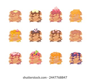 Cartoon Color Various Kinds Pancakes with Toppings, Berries, Honey and Syrup Set Concept Flat Design Style. Vector illustration