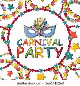 Cartoon color vector greeting card with mask, beads and stars