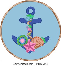 Cartoon and color vector illustration of anchor with shell, star and alga. Adorable image for cloth print, graphic design, invitation, card, flyer. Image on isolated white background.