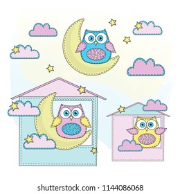 Cartoon Color Vector Illustration Set OWL for Scrapbooking Babybook and Digital Print on Card And Photo Children Album