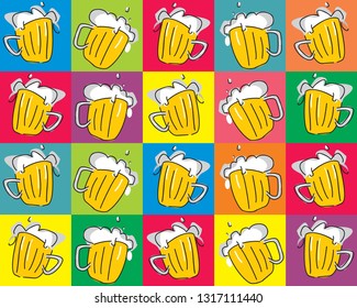 Cartoon color vector image of a beer mug. Drink with a lot of foam. Draught beer. Pop art  poster of beer mug