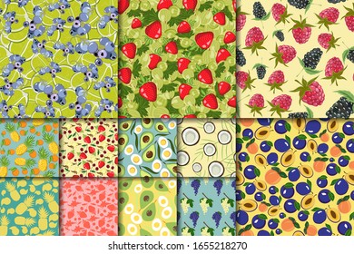 Cartoon color vector seamless pattern set with fruits: strawberry, gooseberry, blueberry, lime, strawberry, pear, plum, coconut, blackberry, raspberry, avocado, cherry, pineapple, orange
