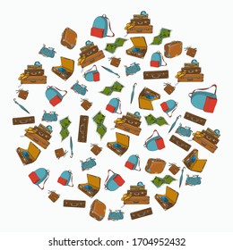Cartoon color vector travel pattern with suitcase, backpack, wallet, umbrella, make-up bag, map