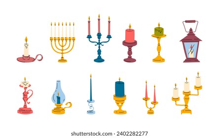 Cartoon Color Vintage Candlesticks with Burning Wax Candle Flame Icon Set Concept Flat Design Style. Vector illustration