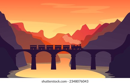 Cartoon Color Vintage Locomotive Train on Railway Bridge Landscape Scene Concept Flat Design Style. Vector illustration of Panorama View