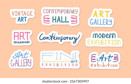 Cartoon Color Vintage and Modern Art Museum Lettering Stickers Set Gallery Concept Flat Design Style. Vector illustration