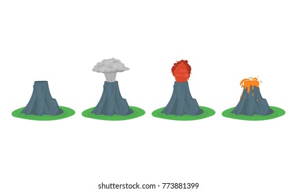 Cartoon Color Volcano Erupting Set Different Stages Volcanic Mountain Flat Style Design. Vector illustration